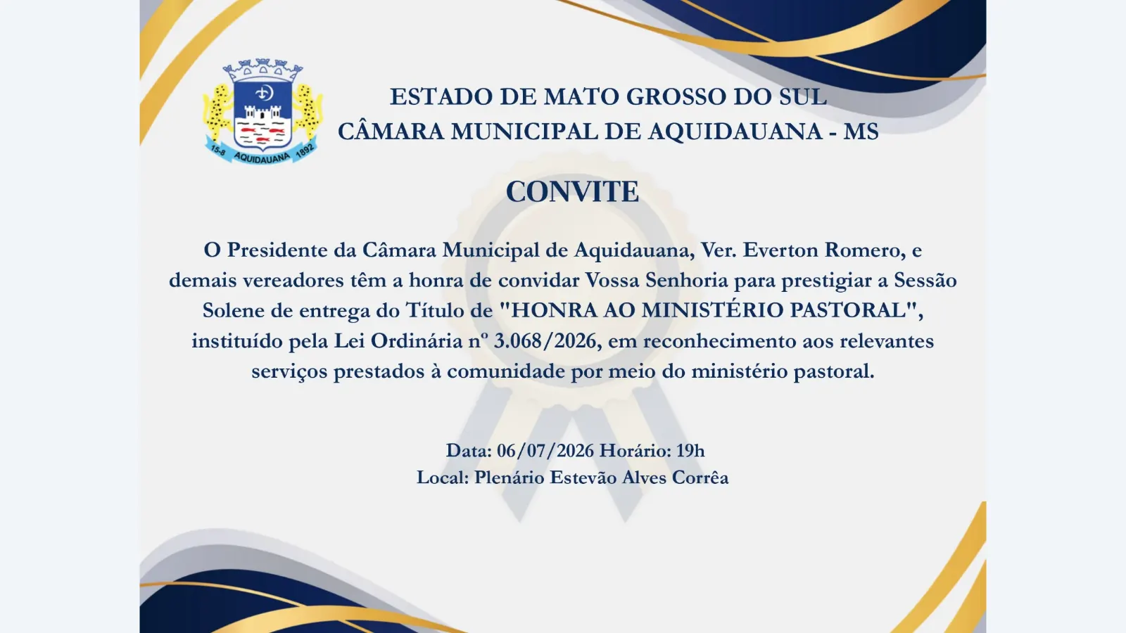 Câmara de Aquidauana Homenageia Pastores com Título de Honra ao Ministério Pastoral