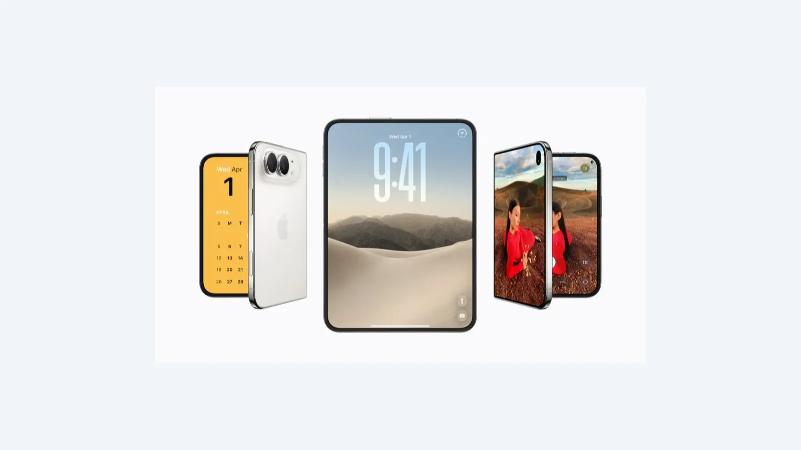 A row of three iPhone Duo devices, with two of them folded and the center one open.